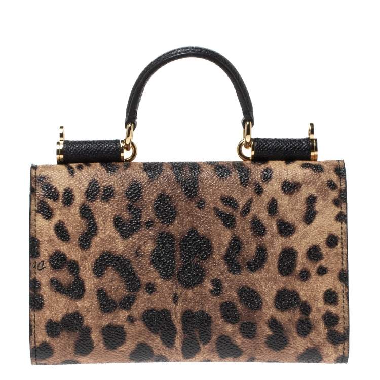 Pre Owned Dolce & Gabbana Brown Leopard Print Coated Canvas and Leather Sicily Smartphone Von Bag