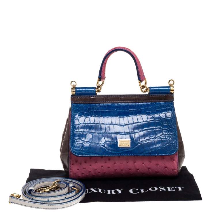 Pre Owned Dolce & Gabbana Multicolor Crocodile and Ostrich Small Miss Sicily Top Handle Bag