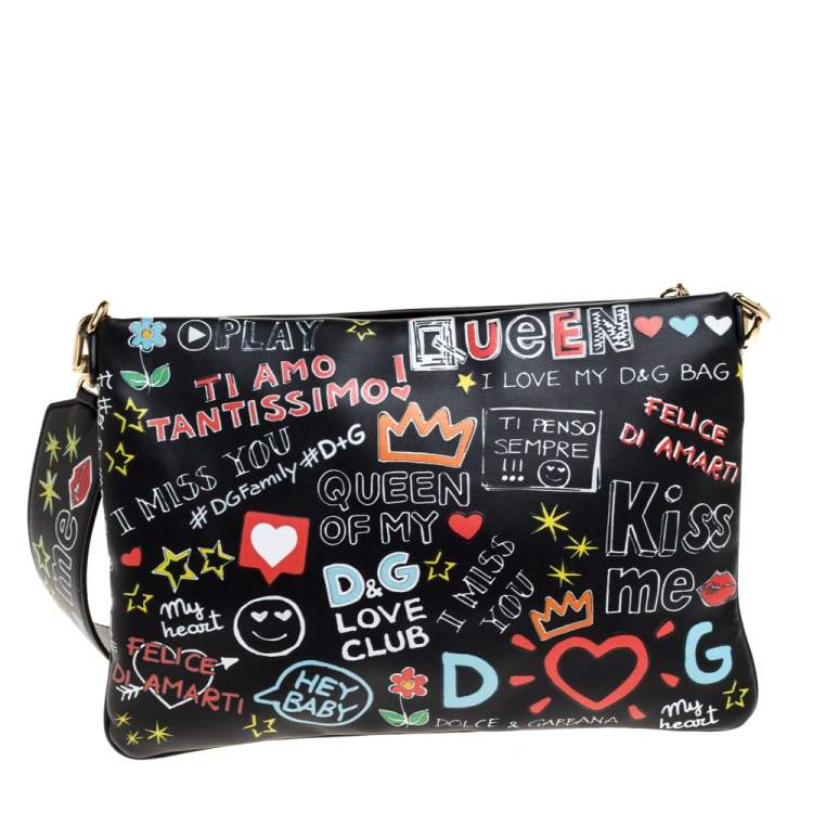 Pre Owned Dolce & Gabbana Black Graffiti Print Leather Cleo Clutch Bag
