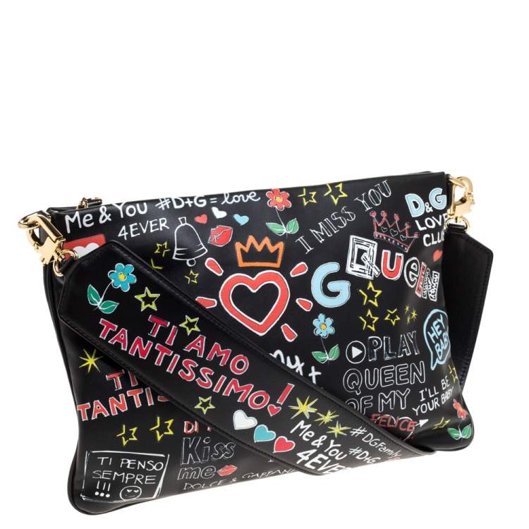 Pre Owned Dolce & Gabbana Black Graffiti Print Leather Cleo Clutch Bag