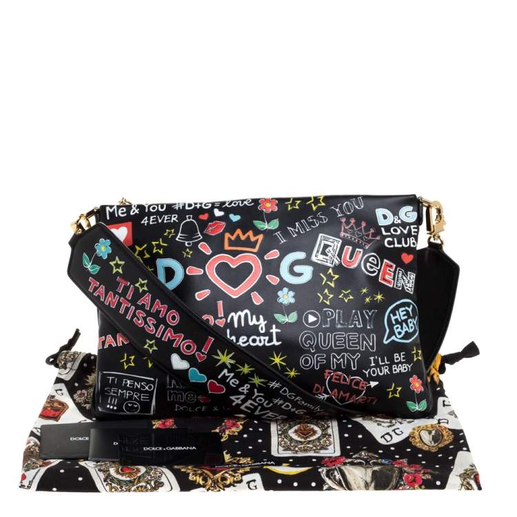 Pre Owned Dolce & Gabbana Black Graffiti Print Leather Cleo Clutch Bag