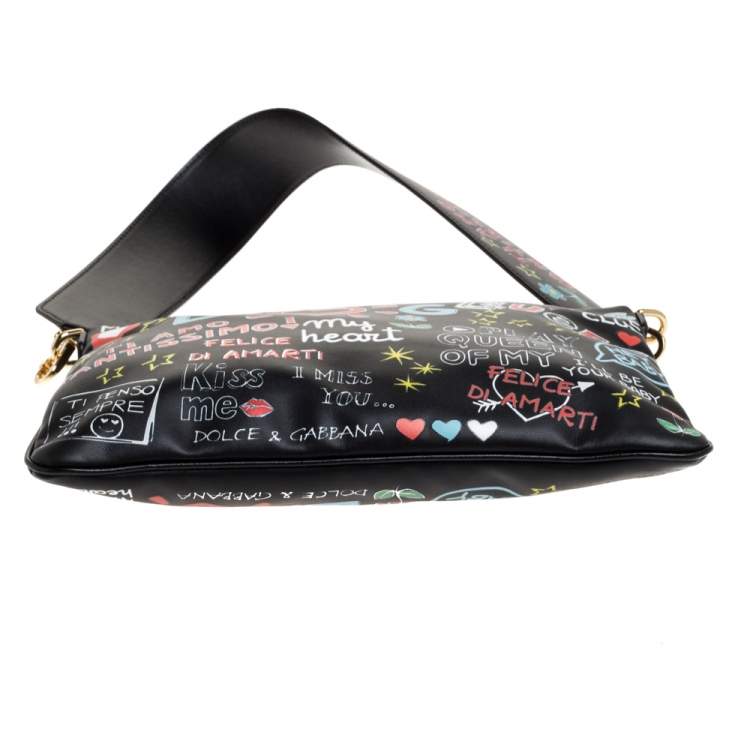 Pre Owned Dolce & Gabbana Black Graffiti Print Leather Cleo Clutch Bag