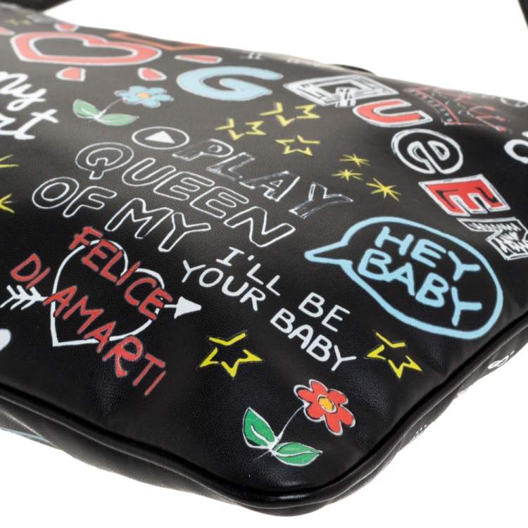 Pre Owned Dolce & Gabbana Black Graffiti Print Leather Cleo Clutch Bag