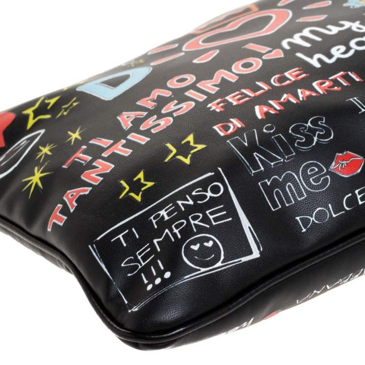 Pre Owned Dolce & Gabbana Black Graffiti Print Leather Cleo Clutch Bag