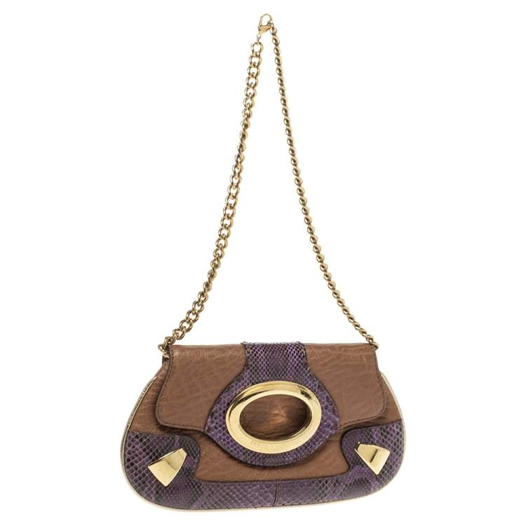 Pre Owned Dolce & Gabbana Tan/Purple Leather and Python Chain Clutch