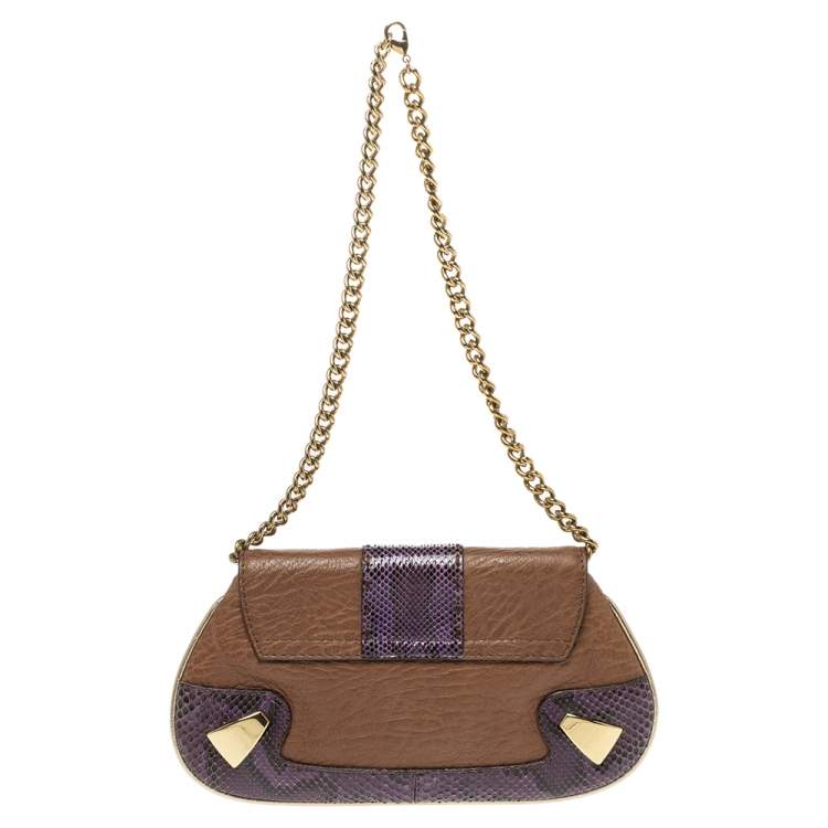 Pre Owned Dolce & Gabbana Tan/Purple Leather and Python Chain Clutch