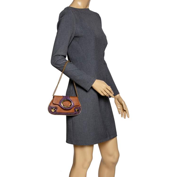Pre Owned Dolce & Gabbana Tan/Purple Leather and Python Chain Clutch