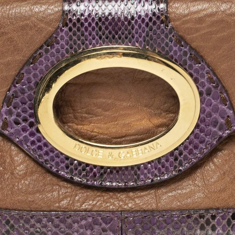 Pre Owned Dolce & Gabbana Tan/Purple Leather and Python Chain Clutch
