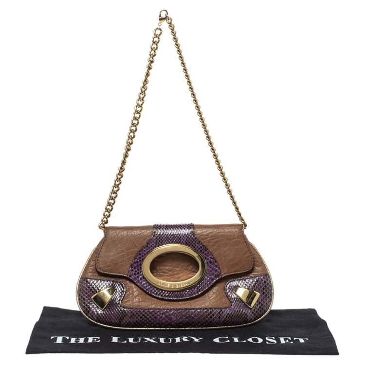 Pre Owned Dolce & Gabbana Tan/Purple Leather and Python Chain Clutch