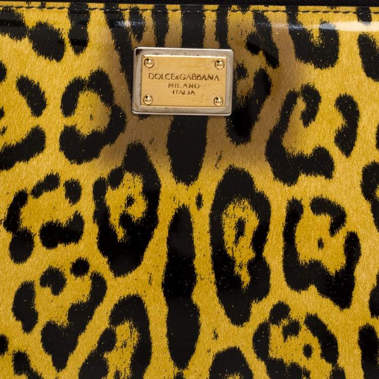 Pre Owned Dolce & Gabbana Yellow/Black Leopard Print Patent Leather Zipped Clutch