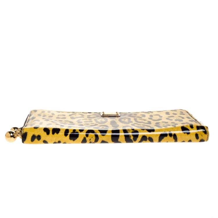 Pre Owned Dolce & Gabbana Yellow/Black Leopard Print Patent Leather Zipped Clutch