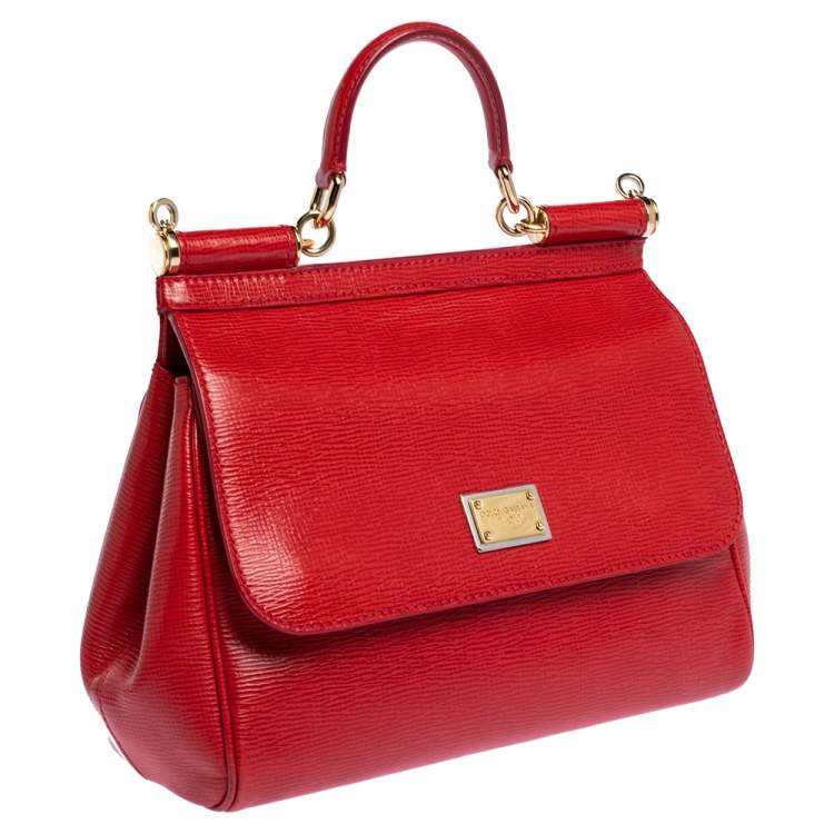 Pre Owned Dolce & Gabbana Red Leather Medium Miss Sicily Top Handle Bag