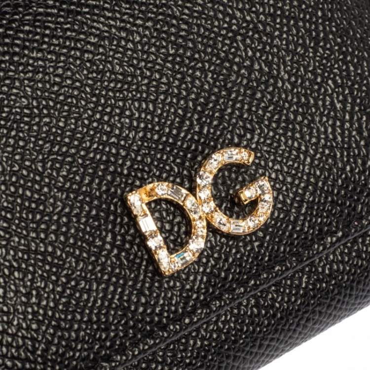 Pre Owned Dolce & Gabbana Black Leather DG Rhinestone Trifold Wallet
