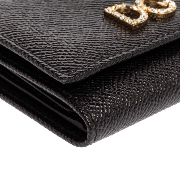 Pre Owned Dolce & Gabbana Black Leather DG Rhinestone Trifold Wallet