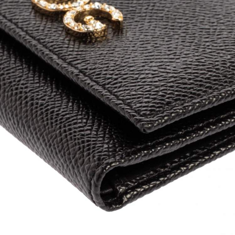 Pre Owned Dolce & Gabbana Black Leather DG Rhinestone Trifold Wallet