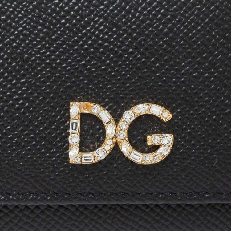 Pre Owned Dolce & Gabbana Black Leather DG Rhinestone Trifold Wallet