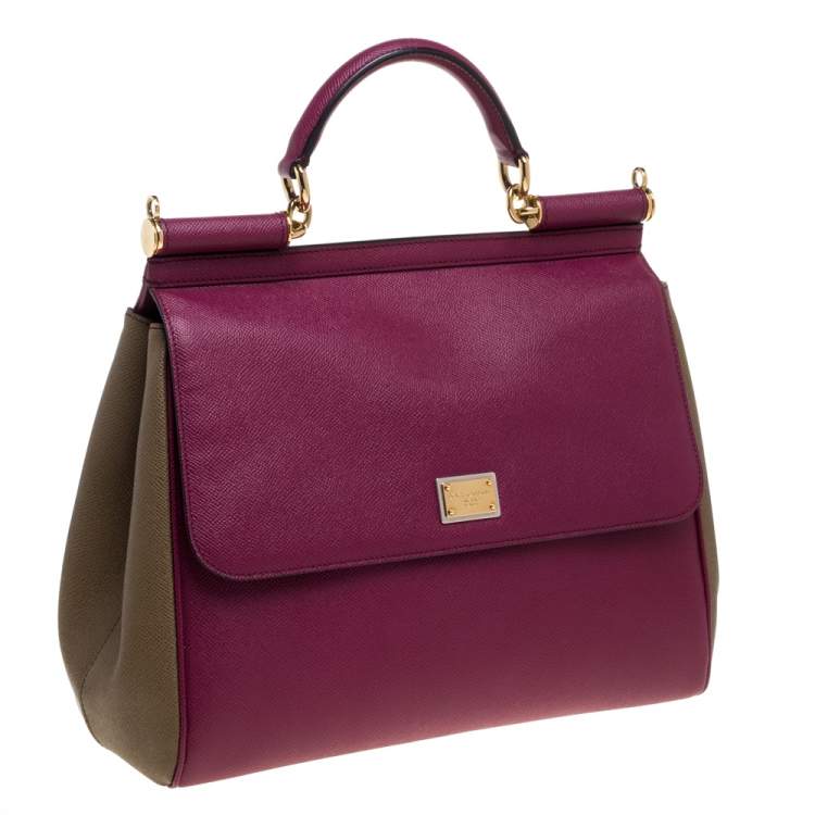 Pre Owned Dolce & Gabbana Burgundy/Olive Green Leather Large Miss Sicily Top Handle Bag