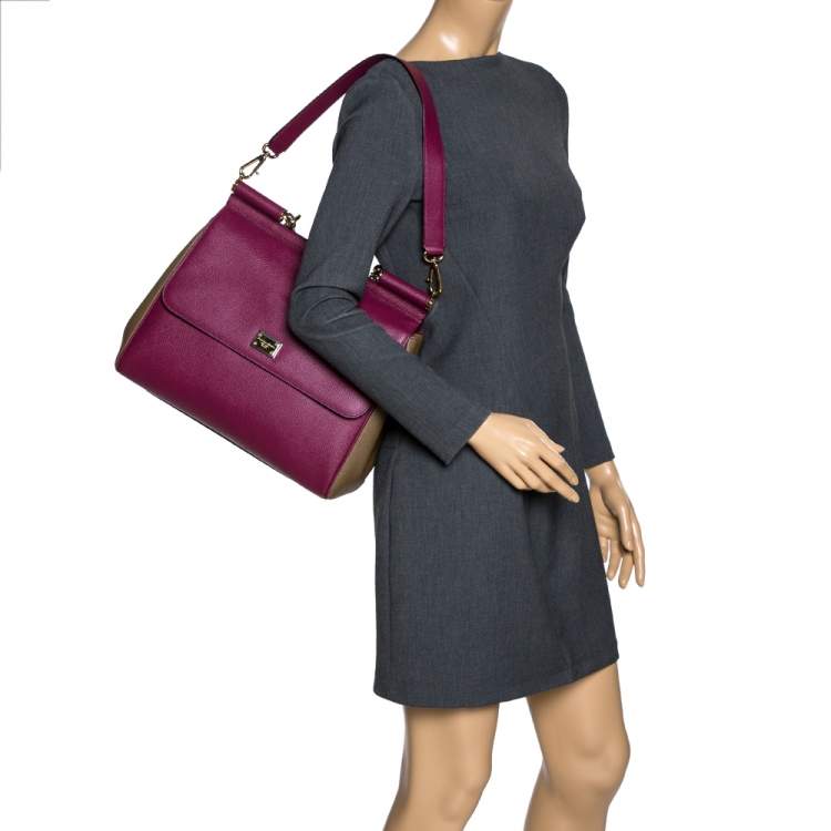 Pre Owned Dolce & Gabbana Burgundy/Olive Green Leather Large Miss Sicily Top Handle Bag