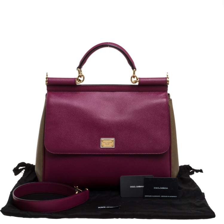 Pre Owned Dolce & Gabbana Burgundy/Olive Green Leather Large Miss Sicily Top Handle Bag