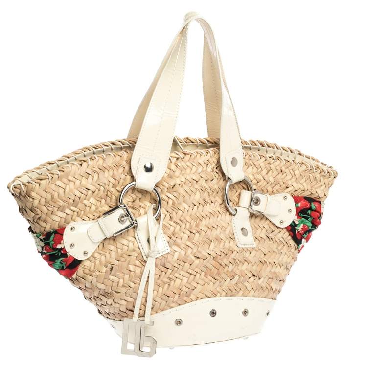 Pre Owned Dolce & Gabbana Beige/Off White Raffia and Patent Leather The Kendra Tote