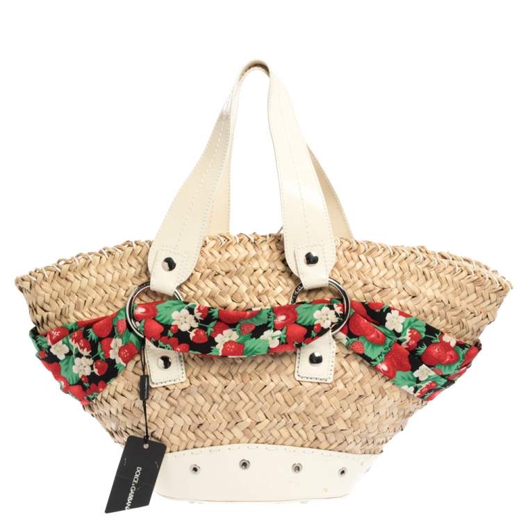 Pre Owned Dolce & Gabbana Beige/Off White Raffia and Patent Leather The Kendra Tote