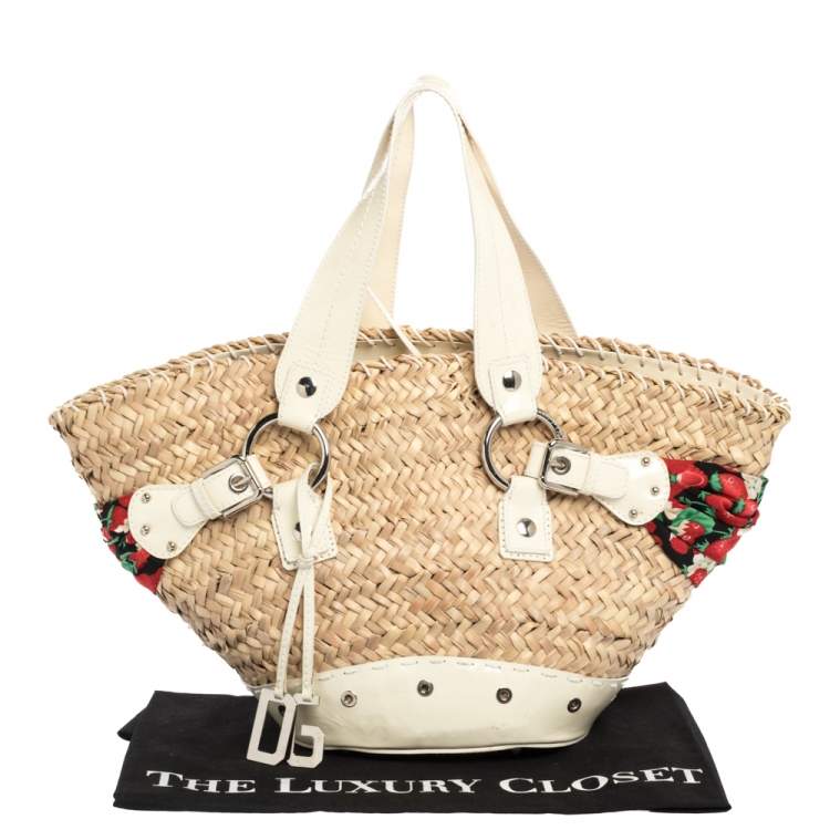 Pre Owned Dolce & Gabbana Beige/Off White Raffia and Patent Leather The Kendra Tote