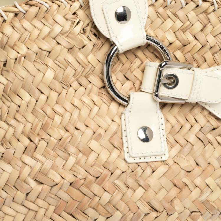 Pre Owned Dolce & Gabbana Beige/Off White Raffia and Patent Leather The Kendra Tote