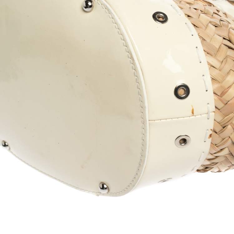 Pre Owned Dolce & Gabbana Beige/Off White Raffia and Patent Leather The Kendra Tote