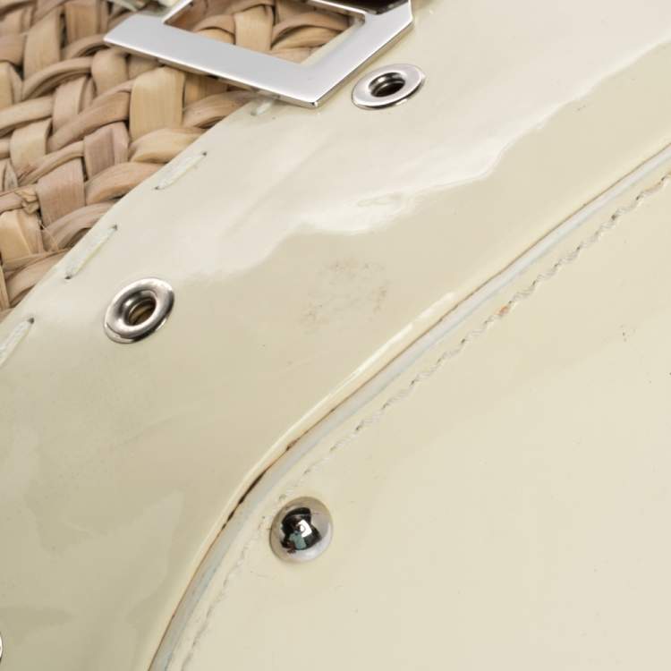 Pre Owned Dolce & Gabbana Beige/Off White Raffia and Patent Leather The Kendra Tote