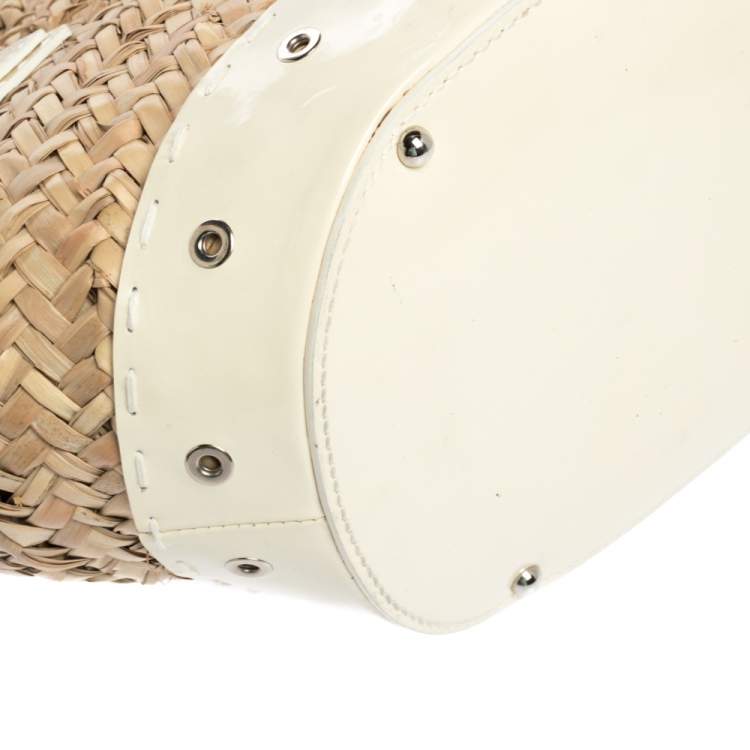 Pre Owned Dolce & Gabbana Beige/Off White Raffia and Patent Leather The Kendra Tote