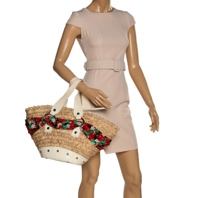 Pre Owned Dolce & Gabbana Beige/Off White Raffia and Patent Leather The Kendra Tote