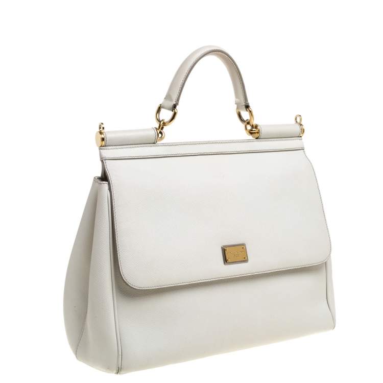 Pre Owned Dolce & Gabbana White Leather Large Miss Sicily Top Handle Bag