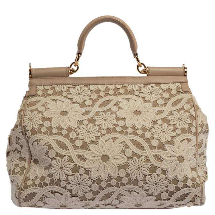 Pre Owned Dolce & Gabbana White/Beige Lace and Leather Large Miss Sicily Top Handle Bag
