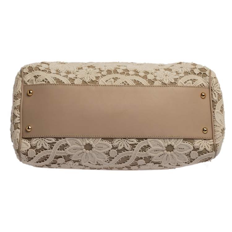 Pre Owned Dolce & Gabbana White/Beige Lace and Leather Large Miss Sicily Top Handle Bag