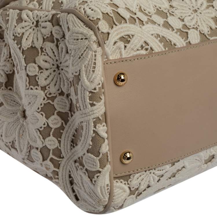 Pre Owned Dolce & Gabbana White/Beige Lace and Leather Large Miss Sicily Top Handle Bag