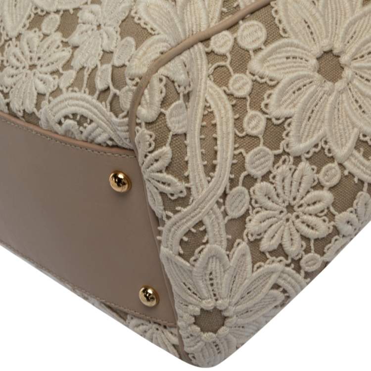 Pre Owned Dolce & Gabbana White/Beige Lace and Leather Large Miss Sicily Top Handle Bag