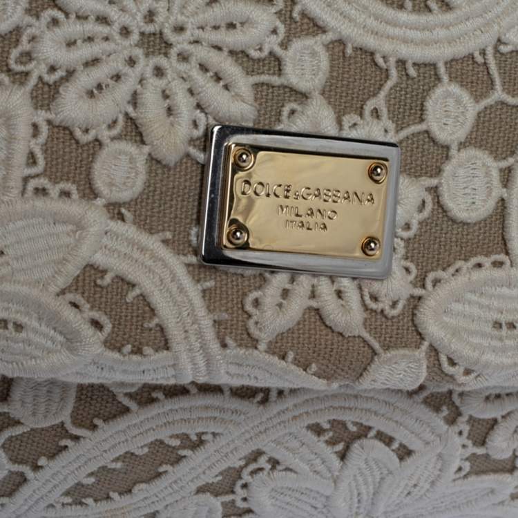 Pre Owned Dolce & Gabbana White/Beige Lace and Leather Large Miss Sicily Top Handle Bag