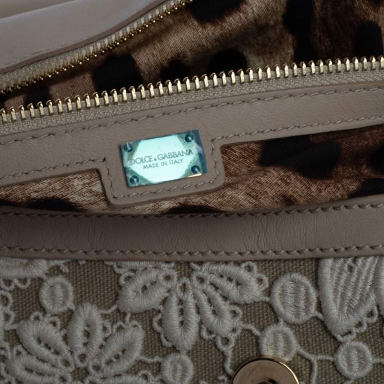Pre Owned Dolce & Gabbana White/Beige Lace and Leather Large Miss Sicily Top Handle Bag
