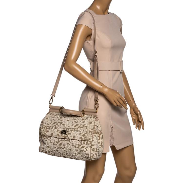 Pre Owned Dolce & Gabbana White/Beige Lace and Leather Large Miss Sicily Top Handle Bag
