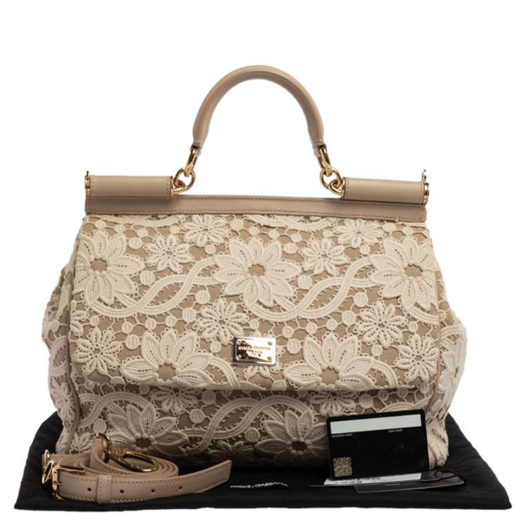 Pre Owned Dolce & Gabbana White/Beige Lace and Leather Large Miss Sicily Top Handle Bag