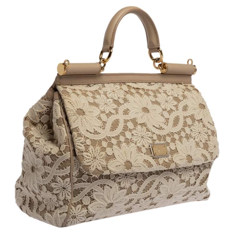 Pre Owned Dolce & Gabbana White/Beige Lace and Leather Large Miss Sicily Top Handle Bag