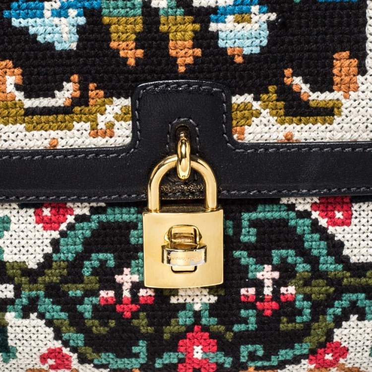 مملوكة مسبقًا Dolce & Gabbana Black Cross Stitch Fabric and Leather Padlock Top Handle Bag