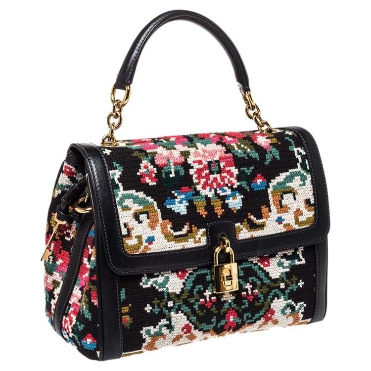 مملوكة مسبقًا Dolce & Gabbana Black Cross Stitch Fabric and Leather Padlock Top Handle Bag