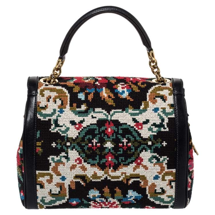 مملوكة مسبقًا Dolce & Gabbana Black Cross Stitch Fabric and Leather Padlock Top Handle Bag