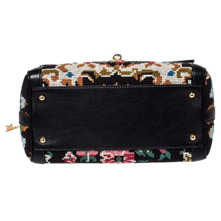 مملوكة مسبقًا Dolce & Gabbana Black Cross Stitch Fabric and Leather Padlock Top Handle Bag