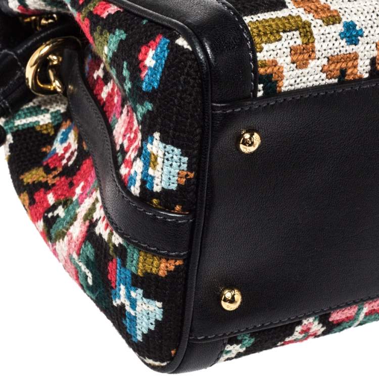 مملوكة مسبقًا Dolce & Gabbana Black Cross Stitch Fabric and Leather Padlock Top Handle Bag