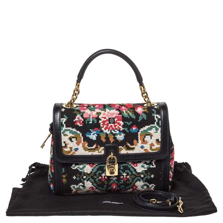 مملوكة مسبقًا Dolce & Gabbana Black Cross Stitch Fabric and Leather Padlock Top Handle Bag