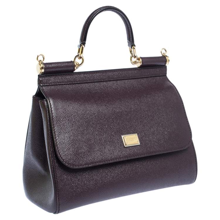 Pre Owned Dolce & Gabbana Dark Burgundy Leather Medium Miss Sicily Top Handle Bag