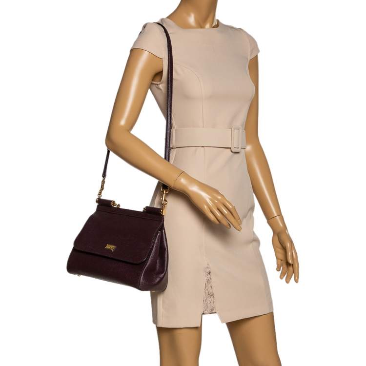 Pre Owned Dolce & Gabbana Dark Burgundy Leather Medium Miss Sicily Top Handle Bag