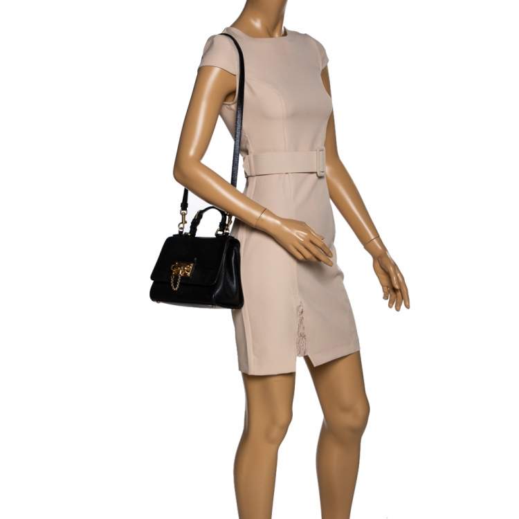 Pre Owned Dolce & Gabbana Black Lizard Embossed Leather Small Miss Monica Top Handle Bag